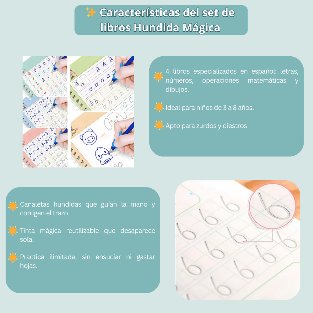 Set de 4 Libros de Caligrafía Mágica Hundida en Español para Niños